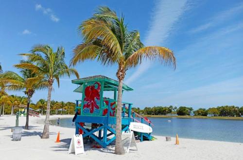 a playground on a beach with a palm tree at Bright and Cozy Home in Homestead in Homestead