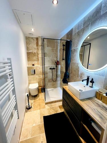 une salle de bain avec un lavabo et une douche dans l'établissement Cozy-one, à La Celle-sous-Gouzon