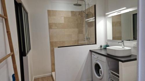 une salle de bain avec un lavabo et une machine à laver dans l'établissement T2 calme à 11 minutes des Remparts - Wifi Parking, à Avignon