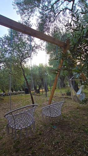 two swings hanging from a tree in a park at OLEA COTTAGE in Ulcinj
