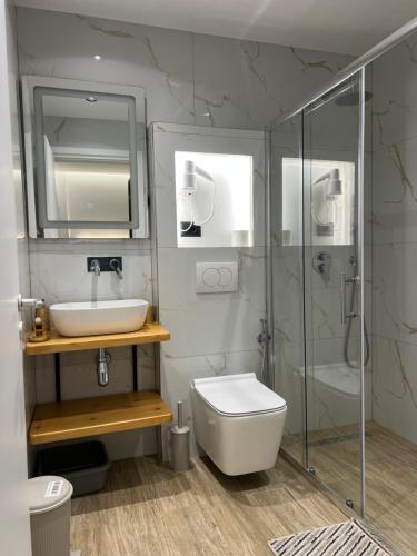a bathroom with a toilet and a sink and a shower at Hotel Mario in Ksamil