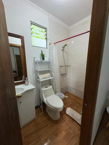 a bathroom with a toilet and a sink and a shower at Pumakari Rapa Nui in Hanga Roa