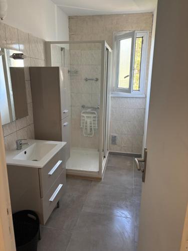 une salle de bain avec une douche, un lavabo et un miroir dans l'établissement Logement calme et spacieux, à Marseille