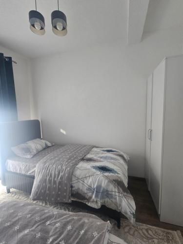 a bedroom with a bed and a white wall at Apartmani Rekovic in Kravlja