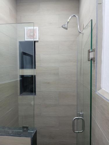 a shower with a glass door and a sink at Casa Naty in Mexico City