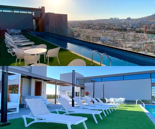 Dos fotos de una piscina con tumbonas blancas. en Luxury, security, infinity pool, view, centric, en Miravalle