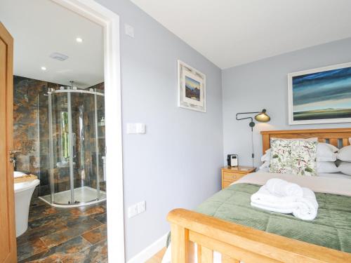 una camera con letto e un bagno con doccia di Smugglers a Bodmin