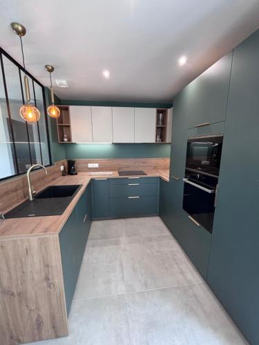 a kitchen with blue cabinets and a sink at Gîte La Marnière in Luzillé