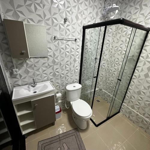 a bathroom with a shower and a toilet and a sink at Loft Lux SM 11 (Smart TV, Ar condicionado, Cozinha) in Chapecó