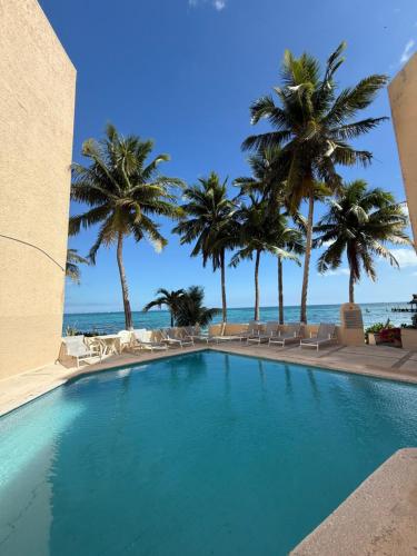 ein Swimmingpool mit Palmen und dem Meer in der Unterkunft Hermoso loft frente al mar vista increíble in Cancún