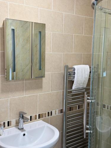 a bathroom with a sink and a glass shower at Aaron Wise - 09 Coldstream Studios in Cardiff