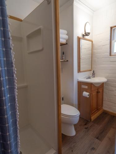 a bathroom with a toilet and a sink at Lake Front Cabins in June Lake