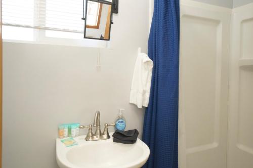a bathroom with a sink and a blue shower curtain at Baby Bear - A delightful studio style property in the perfect central location! in Big Bear Lake