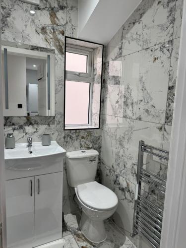 a bathroom with a toilet and a sink and a mirror at Near Birmingham - Stylish and Peaceful - Private Parking in Birmingham