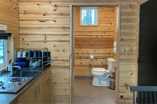a log cabin bathroom with a toilet and a sink at Postcard Cabins Lake Hartwell in Seneca