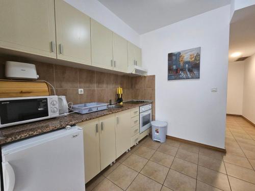 a kitchen with white cabinets and a microwave at Blue Dream Apartment in Rafailovici