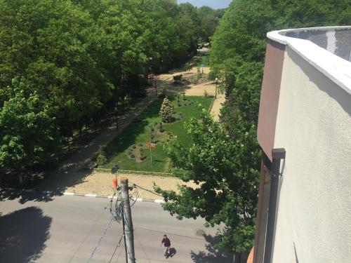 a view of a park from a building with a person walking a dog at Paradox Oituz in Eforie Sud