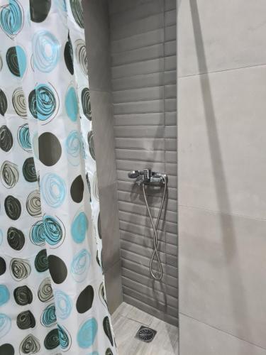 a bathroom with a shower with a shower curtain at Amyrissa House in Mesochórion