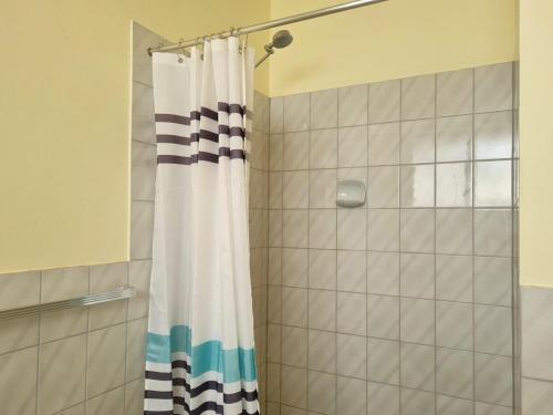 a shower with a shower curtain in a bathroom at Bellavista in Tiddy Widdy