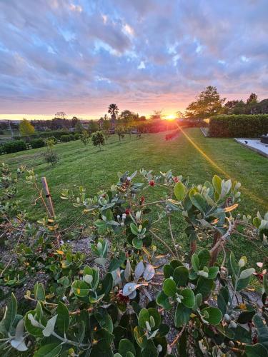 a field with a sunset in the background at Luxury B&B Steps Away From Most Wedding Venues of Kumeu! in Kumeu