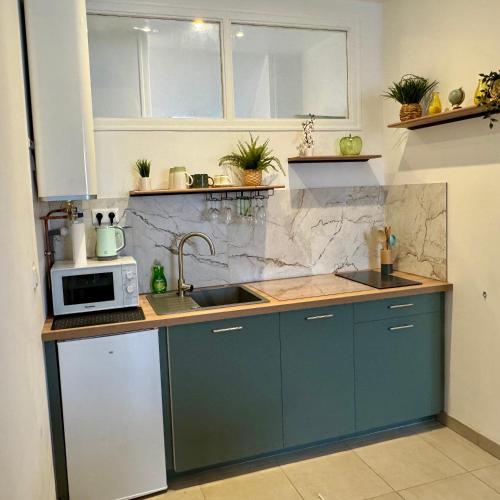 une cuisine avec un évier et un micro-ondes dans l'établissement Vaste studio au cœur de Solesmes, à Solesmes