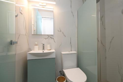 a bathroom with a toilet and a sink and a mirror at Andrieli Suite in Analipsi