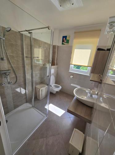 a bathroom with a shower and a sink and a toilet at Villa Danica in Labin