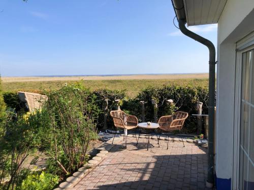a patio with three chairs and a table and a field at Sonniges Strandhaus mit Wasserblick am Haff mit 2 Schlafzimmern für 4 Pers in Mönkebude