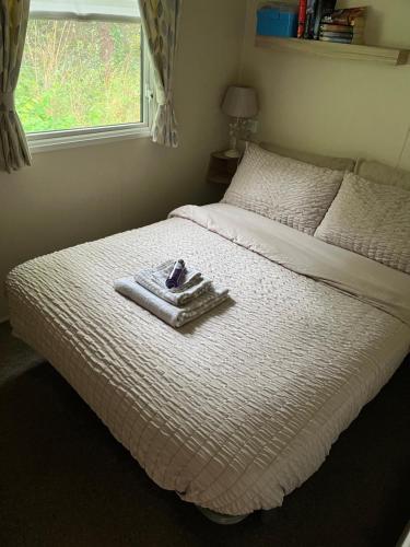 a bed with towels on it with a window at Daisy-Jacks Hideaway in Briery Yards