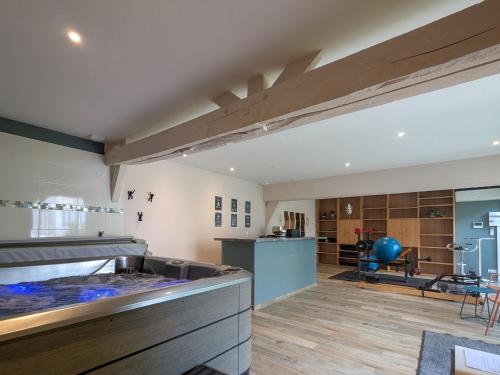 une grande chambre avec un aquarium au milieu dans l'établissement Maison de maître avec jardin, spa et parking au cœur de Châteauroux - FR-1-591-322, à Châteauroux