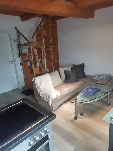 a living room with a couch and a table at Im Harzer Vogelnest Meisennest in Bad Harzburg