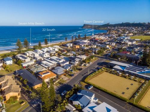 an aerial view of a city with the ocean at 22 South - Lennox Head in Lennox Head