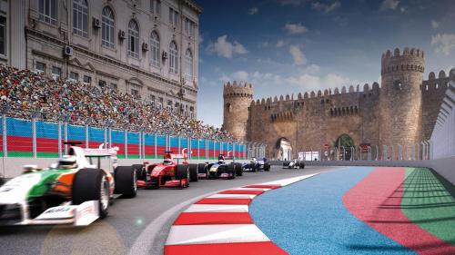 a group of cars on a race track in front of a castle at Grandview Boutique Hotel in Baku
