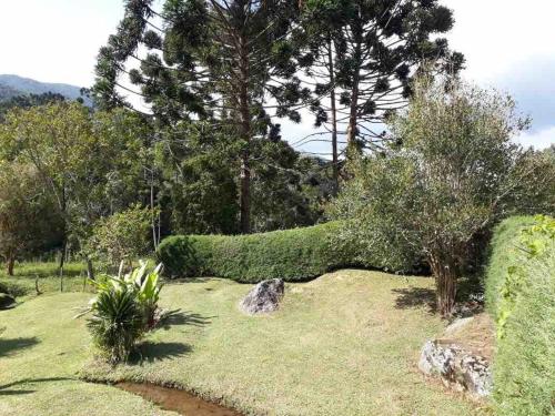 a garden with bushes and trees and a rock at Recanto da Paz - Vale da Prata in Bocaina de Minas