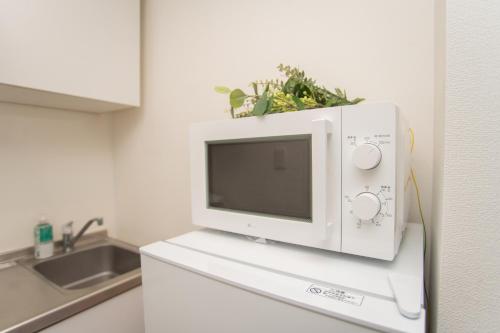 a microwave on top of a refrigerator in a kitchen at 夏美ホテル 303高级独栋别墅 独立卫浴 地铁站步行五分钟成田机场-羽田机场-上野-晴空塔一线直通 in Tokyo