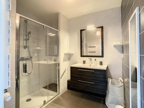 une salle de bain avec une douche, un lavabo et un miroir dans l'établissement Appartement F2 avec Terrasse, Piscine Commune, Proche Plage - FR-1-715-106, à Palavas-les-Flots