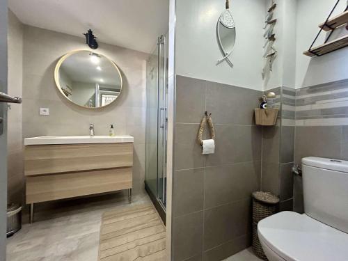 une salle de bain avec un lavabo, des toilettes et un miroir dans l'établissement Appartement 3 pièces avec terrasse à Saint-Cyprien - FR-1-225D-225, à Saint-Cyprien