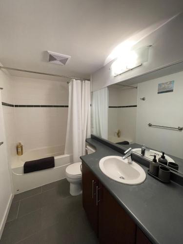a bathroom with a sink and a toilet and a tub at Lucy's House in Vancouver