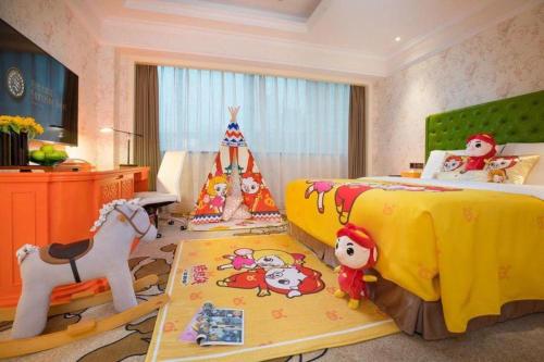 a bedroom with a bed with a horse and a tent at Jiaxing Sunshine Hotel in Jiaxing