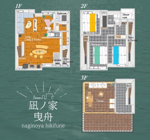 a floor plan of a modern house with drawings at 凪ノ家曳舟 Naginoya Hikihune in Tokyo