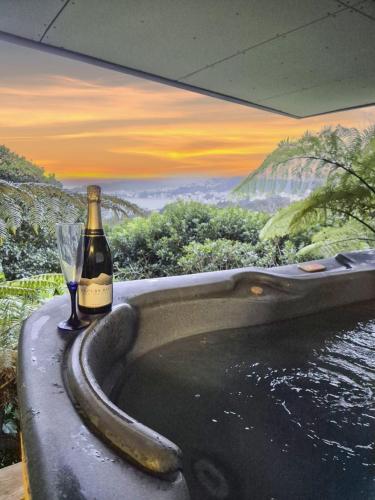 a bottle of wine and a glass in a bath tub at Luxury Wellington Accomodation in Wellington
