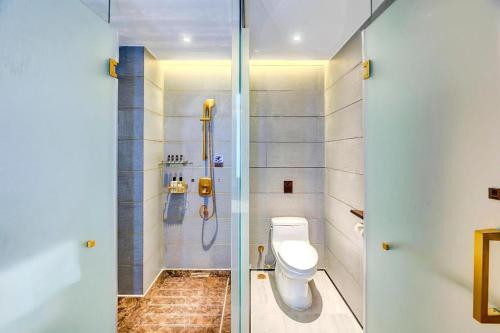 a bathroom with a toilet and a shower at James Joyce Coffetel·Anyang Text Museum in Anyang