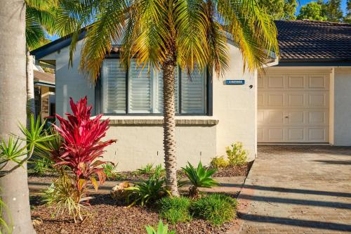 a palm tree in front of a house at Kingfisher Apartment in Hallidays Point