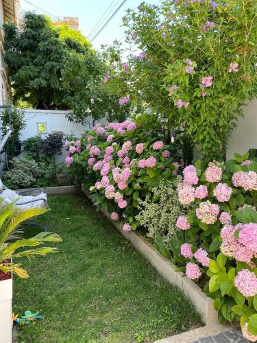 a row of pink flowers in a garden at Loft 90m2 avec spa chauffé unique à Lyon in Lyon