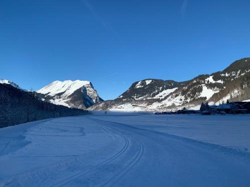 a snow covered mountain range with a road in the foreground at Ferienwohnungen Schantl in Schoppernau