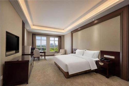 a large hotel room with a bed and a television at Linyi Blue Horizon International Hotel Yi He in Linyi