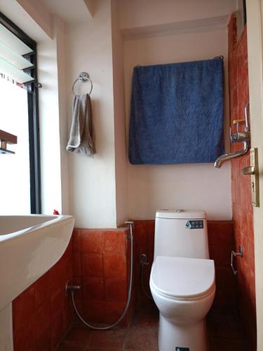 a bathroom with a toilet and a sink and a blue towel at Davu Gallery Cafe in Kathmandu