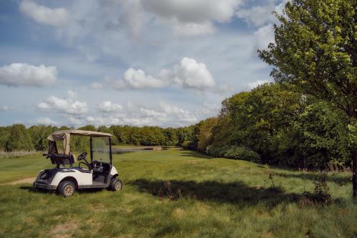 a golf cart parked in a field of grass at Aparthotel Treudelberg Hamburg in Hamburg