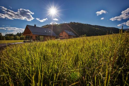a barn in the middle of a field of grass at Chata FONGRUB in Mýto pod Ďumbierom