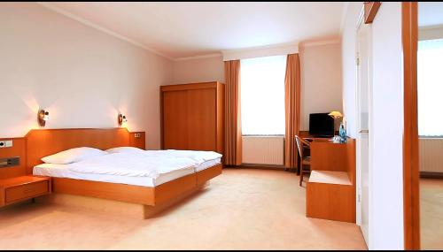 Schlafzimmer mit einem Bett, einem Schreibtisch und einem TV in der Unterkunft Hotel Royal in Elmshorn